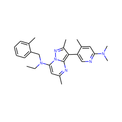 CCN(Cc1ccccc1C)c1cc(C)nc2c(-c3cnc(N(C)C)cc3C)c(C)nn12 ZINC000013583161