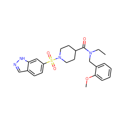 CCN(Cc1ccccc1OC)C(=O)C1CCN(S(=O)(=O)c2ccc3cn[nH]c3c2)CC1 ZINC000204964876