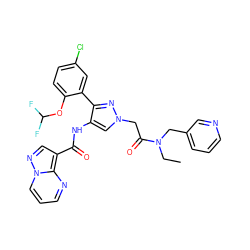 CCN(Cc1cccnc1)C(=O)Cn1cc(NC(=O)c2cnn3cccnc23)c(-c2cc(Cl)ccc2OC(F)F)n1 ZINC001772630496