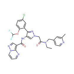 CCN(Cc1ccnc(C)c1)C(=O)Cn1cc(NC(=O)c2cnn3cccnc23)c(-c2cc(Cl)ccc2OC(F)F)n1 ZINC001772613812