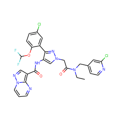 CCN(Cc1ccnc(Cl)c1)C(=O)Cn1cc(NC(=O)c2cnn3cccnc23)c(-c2cc(Cl)ccc2OC(F)F)n1 ZINC001772643066