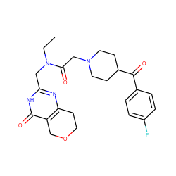 CCN(Cc1nc2c(c(=O)[nH]1)COCC2)C(=O)CN1CCC(C(=O)c2ccc(F)cc2)CC1 ZINC000096283565