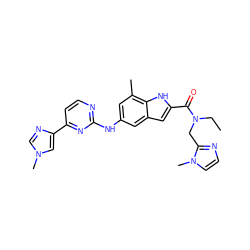 CCN(Cc1nccn1C)C(=O)c1cc2cc(Nc3nccc(-c4cn(C)cn4)n3)cc(C)c2[nH]1 ZINC000205654230