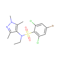 CCN(c1c(C)nn(C)c1C)S(=O)(=O)c1c(Cl)cc(Br)cc1Cl ZINC000199940060