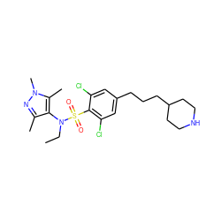 CCN(c1c(C)nn(C)c1C)S(=O)(=O)c1c(Cl)cc(CCCC2CCNCC2)cc1Cl ZINC000199945443