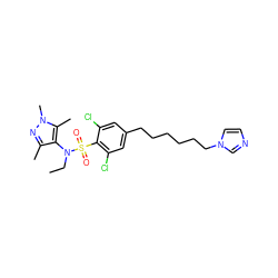 CCN(c1c(C)nn(C)c1C)S(=O)(=O)c1c(Cl)cc(CCCCCCn2ccnc2)cc1Cl ZINC000299839636