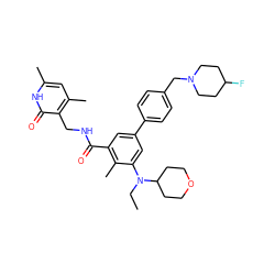 CCN(c1cc(-c2ccc(CN3CCC(F)CC3)cc2)cc(C(=O)NCc2c(C)cc(C)[nH]c2=O)c1C)C1CCOCC1 ZINC000205718122