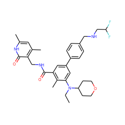 CCN(c1cc(-c2ccc(CNCC(F)F)cc2)cc(C(=O)NCc2c(C)cc(C)[nH]c2=O)c1C)C1CCOCC1 ZINC000205340097