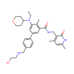 CCN(c1cc(-c2ccc(CNCCO)cc2)cc(C(=O)NCc2c(C)cc(C)[nH]c2=O)c1C)C1CCOCC1 ZINC000205712455