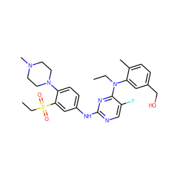 CCN(c1cc(CO)ccc1C)c1nc(Nc2ccc(N3CCN(C)CC3)c(S(=O)(=O)CC)c2)ncc1F ZINC001772650175