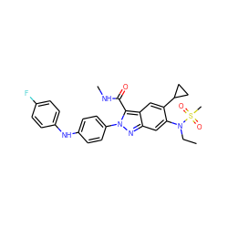 CCN(c1cc2nn(-c3ccc(Nc4ccc(F)cc4)cc3)c(C(=O)NC)c2cc1C1CC1)S(C)(=O)=O ZINC000096174167