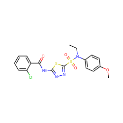 CCN(c1ccc(OC)cc1)S(=O)(=O)c1nnc(NC(=O)c2ccccc2Cl)s1 ZINC000008588091