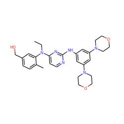 CCN(c1ccnc(Nc2cc(N3CCOCC3)cc(N3CCOCC3)c2)n1)c1cc(CO)ccc1C ZINC000071329668