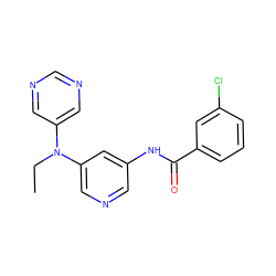 CCN(c1cncnc1)c1cncc(NC(=O)c2cccc(Cl)c2)c1 ZINC000096175686