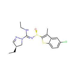 CCN/C(=N\[S@@+]([O-])c1sc2ccc(Cl)cc2c1C)N1C[C@@H](CC)C=N1 ZINC000072122870