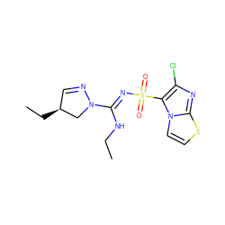 CCN/C(=N\S(=O)(=O)c1c(Cl)nc2sccn12)N1C[C@@H](CC)C=N1 ZINC000072124405