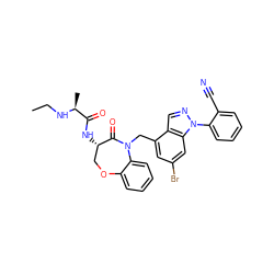 CCN[C@@H](C)C(=O)N[C@H]1COc2ccccc2N(Cc2cc(Br)cc3c2cnn3-c2ccccc2C#N)C1=O ZINC000220142508