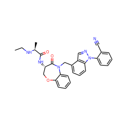 CCN[C@@H](C)C(=O)N[C@H]1COc2ccccc2N(Cc2cccc3c2cnn3-c2ccccc2C#N)C1=O ZINC001772643849