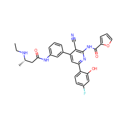 CCN[C@@H](C)CC(=O)Nc1cccc(-c2cc(-c3ccc(F)cc3O)nc(NC(=O)c3ccco3)c2C#N)c1 ZINC000053295615