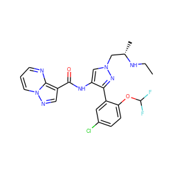 CCN[C@@H](C)Cn1cc(NC(=O)c2cnn3cccnc23)c(-c2cc(Cl)ccc2OC(F)F)n1 ZINC001772622301