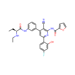 CCN[C@@H](CC)C(=O)Nc1cccc(-c2cc(-c3ccc(F)cc3O)nc(NC(=O)c3ccco3)c2C#N)c1 ZINC000053294193