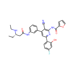 CCN[C@@H](CC)CC(=O)Nc1cccc(-c2cc(-c3ccc(F)cc3O)nc(NC(=O)c3ccco3)c2C#N)c1 ZINC000053294176