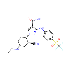 CCN[C@@H]1CC[C@H](n2cc(C(N)=O)c(Nc3ccc(S(=O)(=O)C(F)(F)F)cc3)n2)[C@@H](C#N)C1 ZINC000221884396