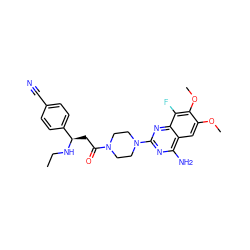 CCN[C@H](CC(=O)N1CCN(c2nc(N)c3cc(OC)c(OC)c(F)c3n2)CC1)c1ccc(C#N)cc1 ZINC001772633026