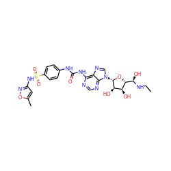CCN[C@H](O)[C@H]1O[C@@H](n2cnc3c(NC(=O)Nc4ccc(S(=O)(=O)Nc5cc(C)on5)cc4)ncnc32)[C@H](O)[C@@H]1O ZINC000049771861