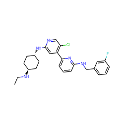 CCN[C@H]1CC[C@H](Nc2cc(-c3cccc(NCc4cccc(F)c4)n3)c(Cl)cn2)CC1 ZINC000261183494