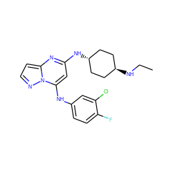 CCN[C@H]1CC[C@H](Nc2cc(Nc3ccc(F)c(Cl)c3)n3nccc3n2)CC1 ZINC000254092532