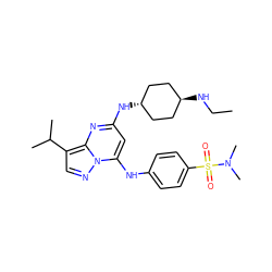 CCN[C@H]1CC[C@H](Nc2cc(Nc3ccc(S(=O)(=O)N(C)C)cc3)n3ncc(C(C)C)c3n2)CC1 ZINC000261142124