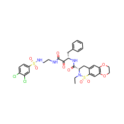 CCN1[C@H](C(=O)N[C@@H](Cc2ccccc2)C(=O)C(=O)NCCNS(=O)(=O)c2ccc(Cl)c(Cl)c2)Cc2cc3c(cc2S1(=O)=O)OCCO3 ZINC000095546409