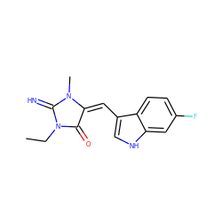 CCN1C(=N)N(C)/C(=C/c2c[nH]c3cc(F)ccc23)C1=O ZINC000053229675