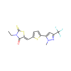 CCN1C(=O)/C(=C/c2ccc(-c3cc(C(F)(F)F)nn3C)s2)SC1=S ZINC000013487535