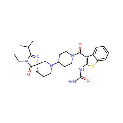 CCN1C(=O)[C@@]2(CCCN(C3CCN(C(=O)c4c(NC(N)=O)sc5ccccc45)CC3)C2)N=C1C(C)C ZINC000084668640