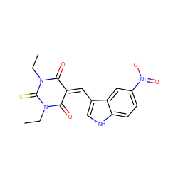 CCN1C(=O)C(=Cc2c[nH]c3ccc([N+](=O)[O-])cc23)C(=O)N(CC)C1=S ZINC000013487543