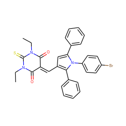 CCN1C(=O)C(=Cc2cc(-c3ccccc3)n(-c3ccc(Br)cc3)c2-c2ccccc2)C(=O)N(CC)C1=S ZINC000169330176