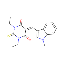 CCN1C(=O)C(=Cc2cn(C)c3ccccc23)C(=O)N(CC)C1=S ZINC000005030581