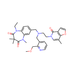 CCN1C(=O)C(C)(C)C(=O)N(C)c2cc(CN(CCn3cc(C)c4occc4c3=O)Cc3cccnc3COC)ccc21 ZINC000198249299