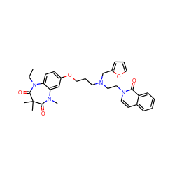 CCN1C(=O)C(C)(C)C(=O)N(C)c2cc(OCCCN(CCn3ccc4ccccc4c3=O)Cc3ccco3)ccc21 ZINC000139556748