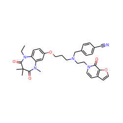 CCN1C(=O)C(C)(C)C(=O)N(C)c2cc(OCCCN(CCn3ccc4ccoc4c3=O)Cc3ccc(C#N)cc3)ccc21 ZINC000139568557