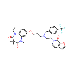 CCN1C(=O)C(C)(C)C(=O)N(C)c2cc(OCCCN(CCn3ccc4ccoc4c3=O)Cc3ccc(C(F)(F)F)cc3)ccc21 ZINC000197908495