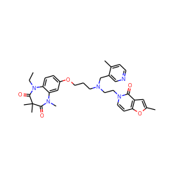 CCN1C(=O)C(C)(C)C(=O)N(C)c2cc(OCCCN(CCn3ccc4oc(C)cc4c3=O)Cc3cnccc3C)ccc21 ZINC000139592693