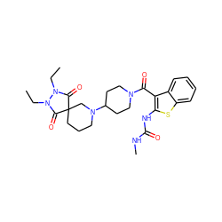 CCN1C(=O)C2(CCCN(C3CCN(C(=O)c4c(NC(=O)NC)sc5ccccc45)CC3)C2)C(=O)N1CC ZINC000084688459