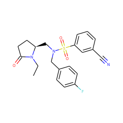 CCN1C(=O)CC[C@H]1CN(Cc1ccc(F)cc1)S(=O)(=O)c1cccc(C#N)c1 ZINC000103239909