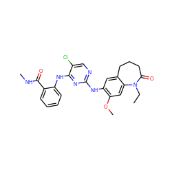 CCN1C(=O)CCCc2cc(Nc3ncc(Cl)c(Nc4ccccc4C(=O)NC)n3)c(OC)cc21 ZINC000084709834