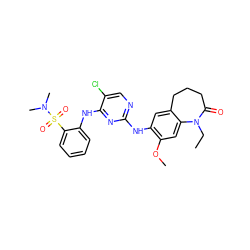 CCN1C(=O)CCCc2cc(Nc3ncc(Cl)c(Nc4ccccc4S(=O)(=O)N(C)C)n3)c(OC)cc21 ZINC000084668882