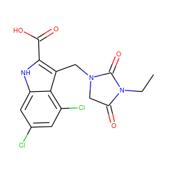 CCN1C(=O)CN(Cc2c(C(=O)O)[nH]c3cc(Cl)cc(Cl)c23)C1=O ZINC000013492832