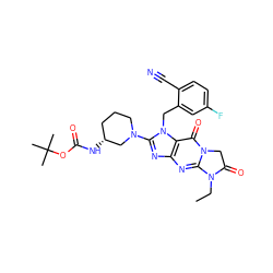 CCN1C(=O)Cn2c1nc1nc(N3CCC[C@@H](NC(=O)OC(C)(C)C)C3)n(Cc3cc(F)ccc3C#N)c1c2=O ZINC000148229517